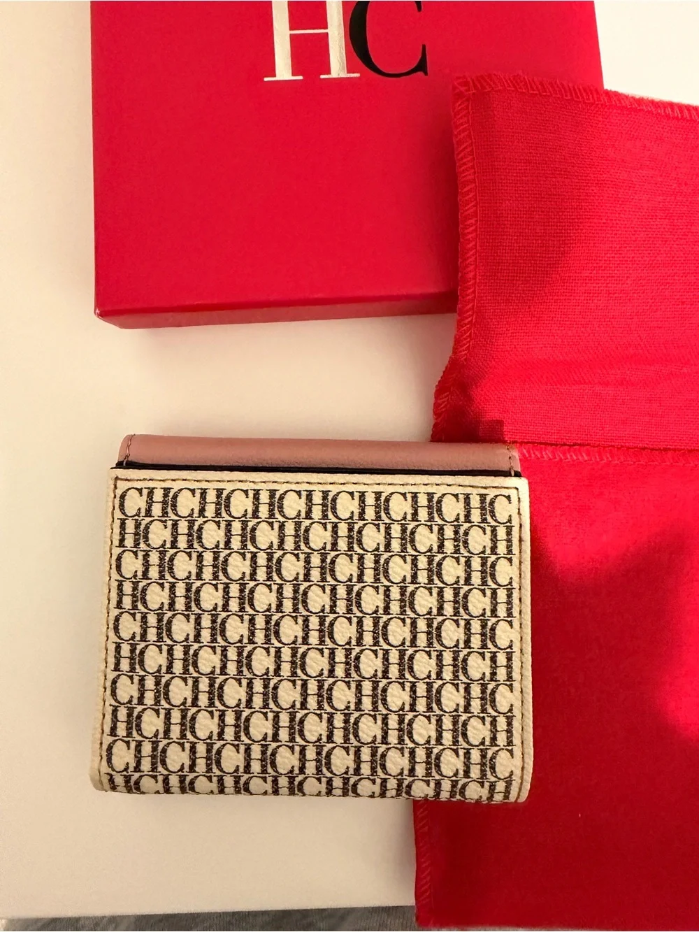 Carolina Herrera Pink and Beige Logo Canvas Trifold Wallet